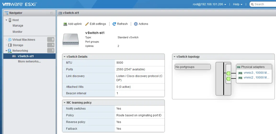A virtual switch with two uplinks is created to connect iSCSI storage network