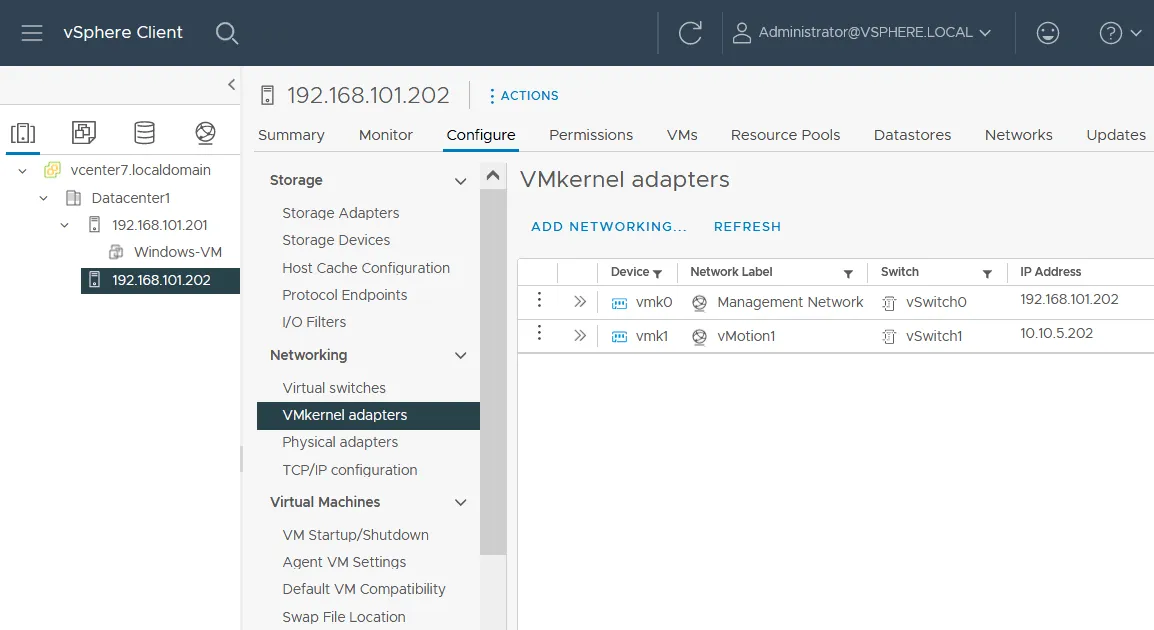 A VMkernel adapter to set up vMotion is added