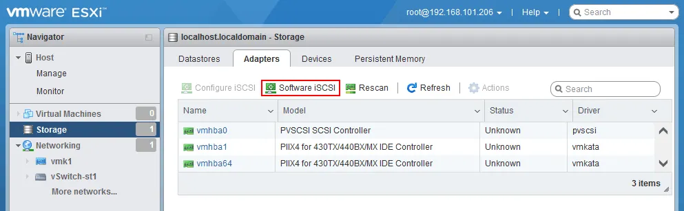 Adding a software iSCSI adapter for connecting network storage to an ESXi host