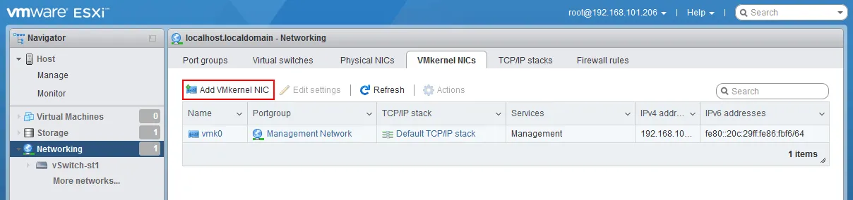 Adding a VMkernel NIC to configure iSCSI storage networks