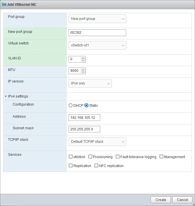 Configuration of the second port group and VMkernel for an iSCSI storage network