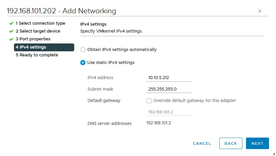 Configure vMotion interface – setting the IP address and netmask