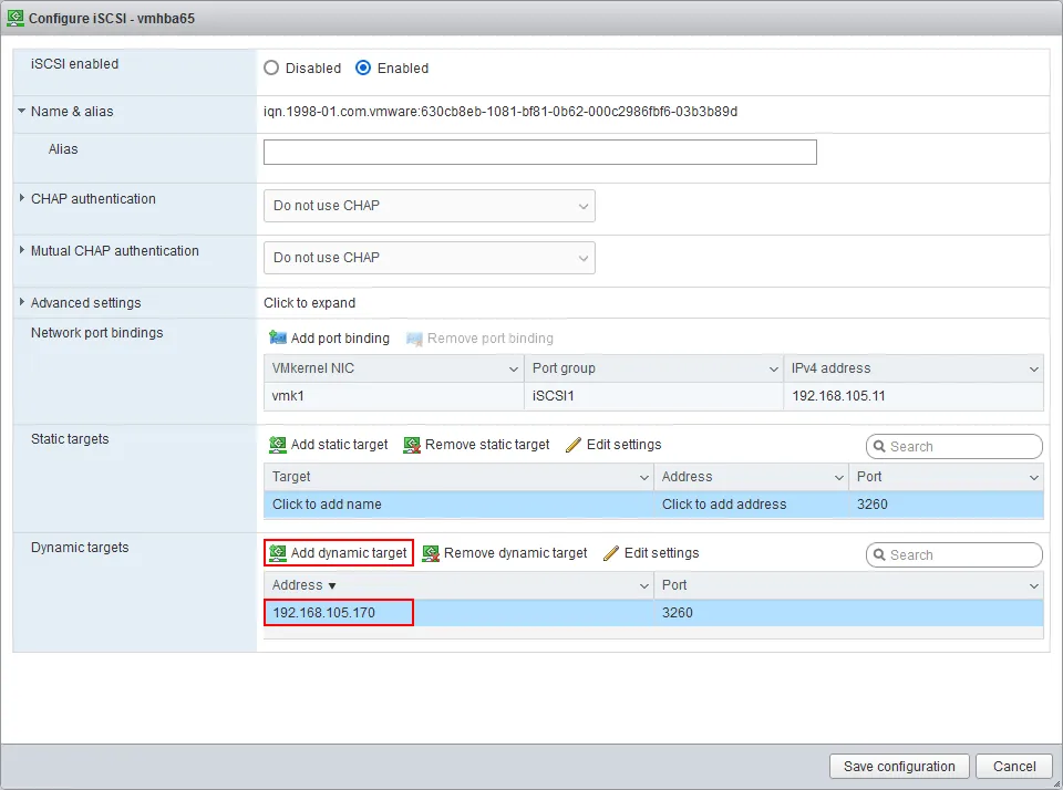 Configuring ESXi network storage - adding an iSCSI target