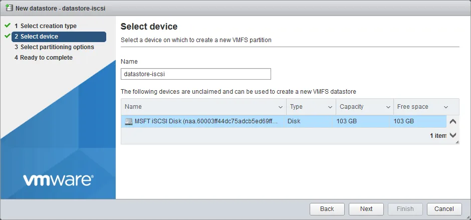 Creating a new datastore located on the iSCSI network storage