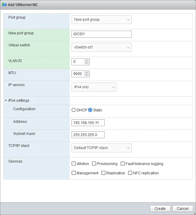 Creating a VMkernel NIC and port group to configure an ESXi storage network