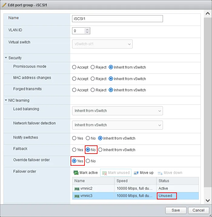 Editing failover settings for a port group