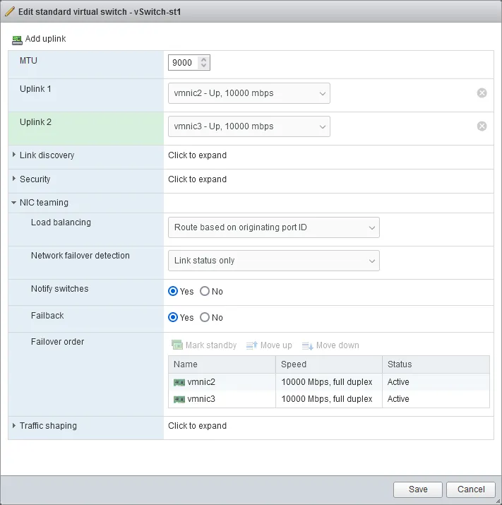 Editing virtual switch settings and adding the second uplink