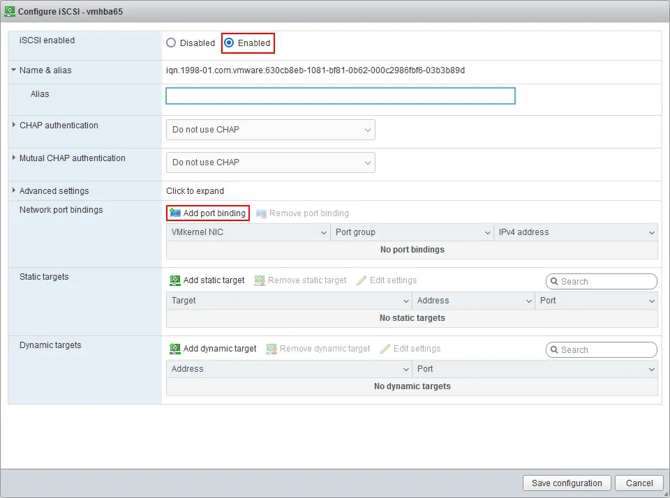 Enabling iSCSI and port binding