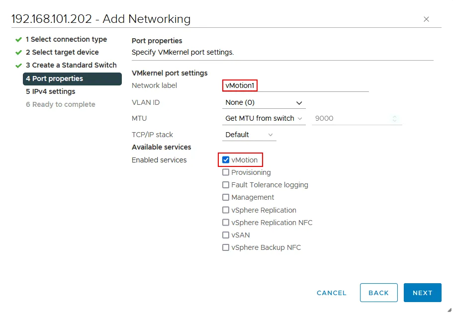 How to enable vMotion for the VMkernel port