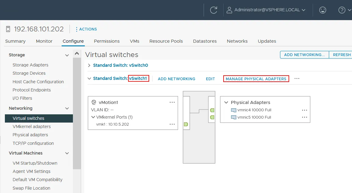 Managing physical adapters configuration to configure vMotion in the best way