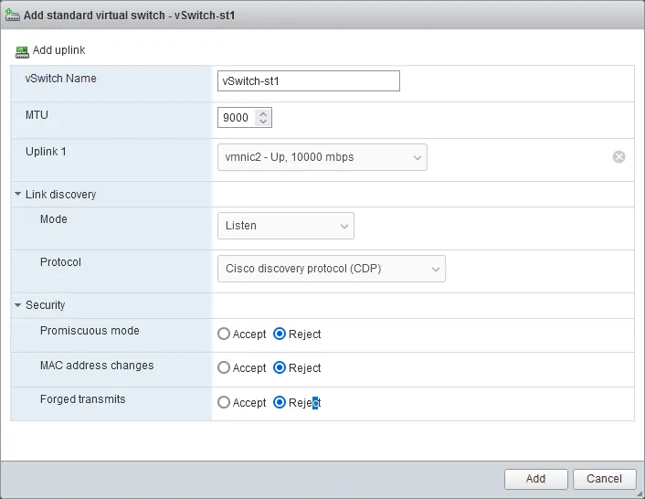 New virtual switch settings for an ESXi storage network