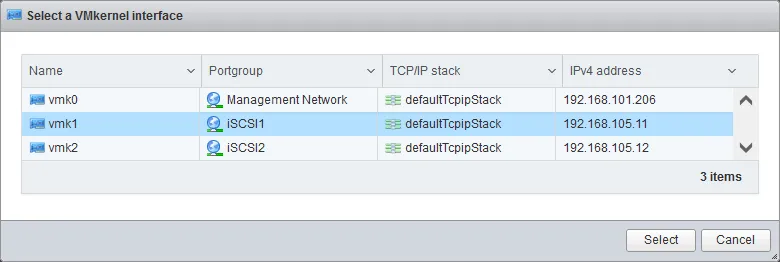 Selecting a VMkernel adapter for connecting the network iSCSI storage