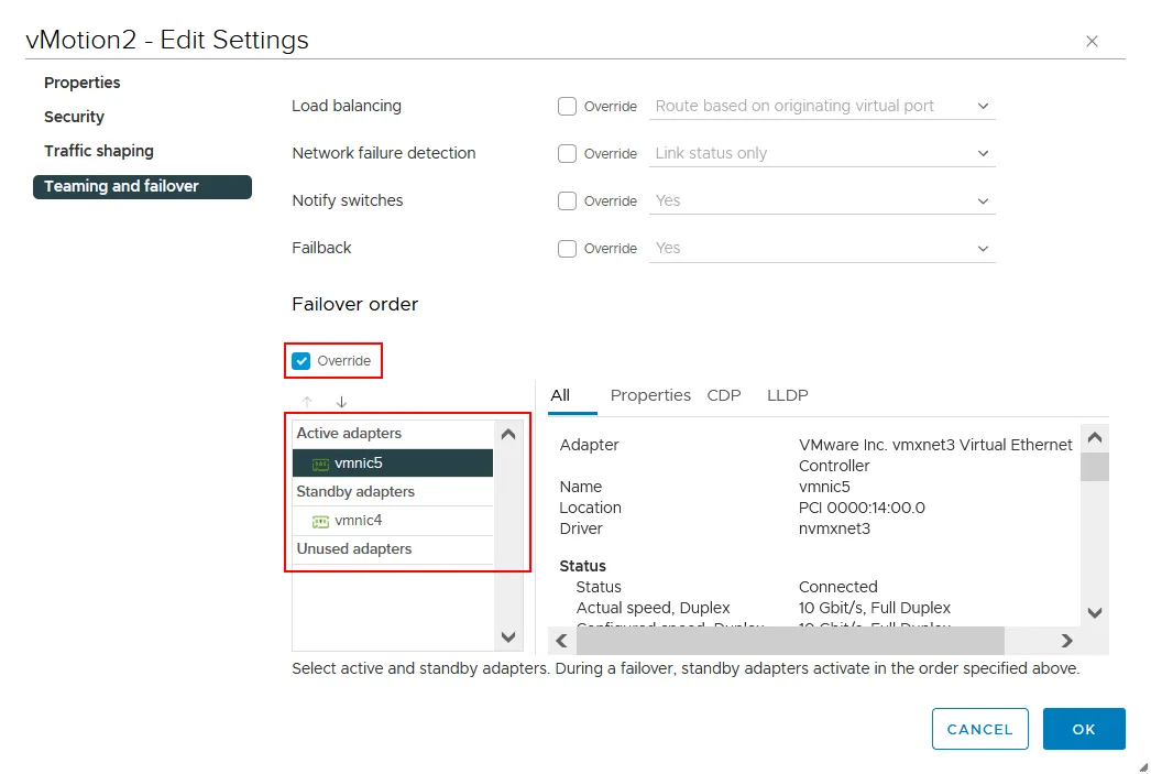 Selecting an active adapter and standby adapter in the opposite order