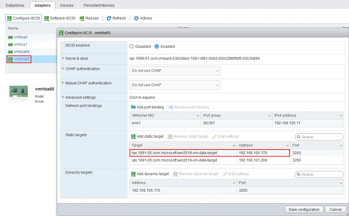 The iSCSI target was added successfully