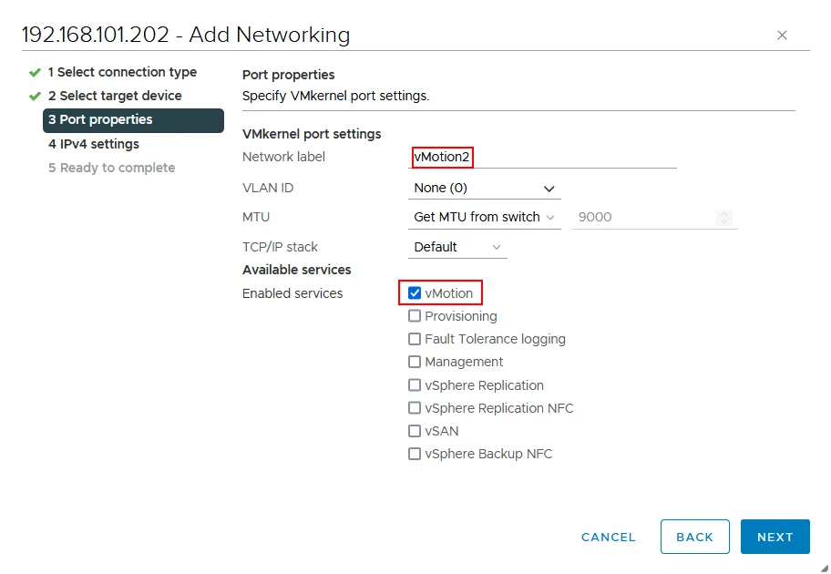 You have to enable vMotion for the selected VMkernel port