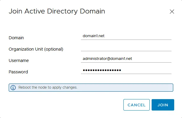 Entering parameters to add vCenter to domain