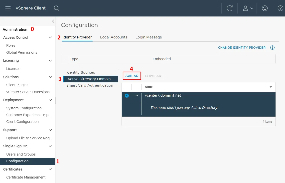 How to join vCenter to domain in VMware vSphere Client