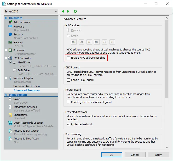 Enabling MAC address spoofing for a VM to use the network with Hyper-V nested virtualization