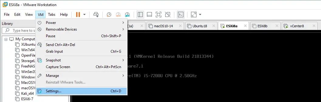 Opening virtual machine settings in VMware Workstation