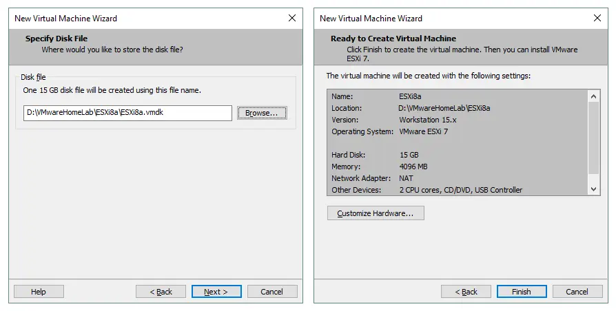 Specifying the location for the virtual disk file and checking settings for creating a new VM