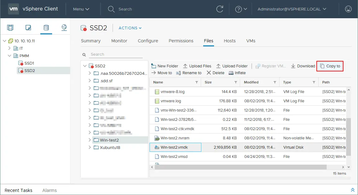 Copying virtual disk and descriptor vmdk files on the ESXi datastore