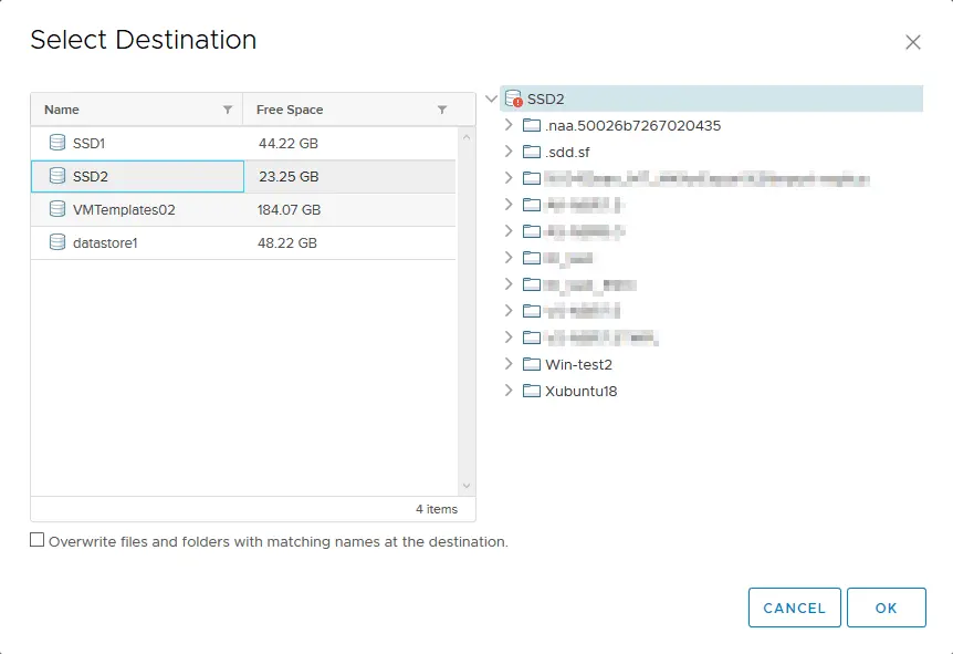 Selecting destination to copy vmdk files
