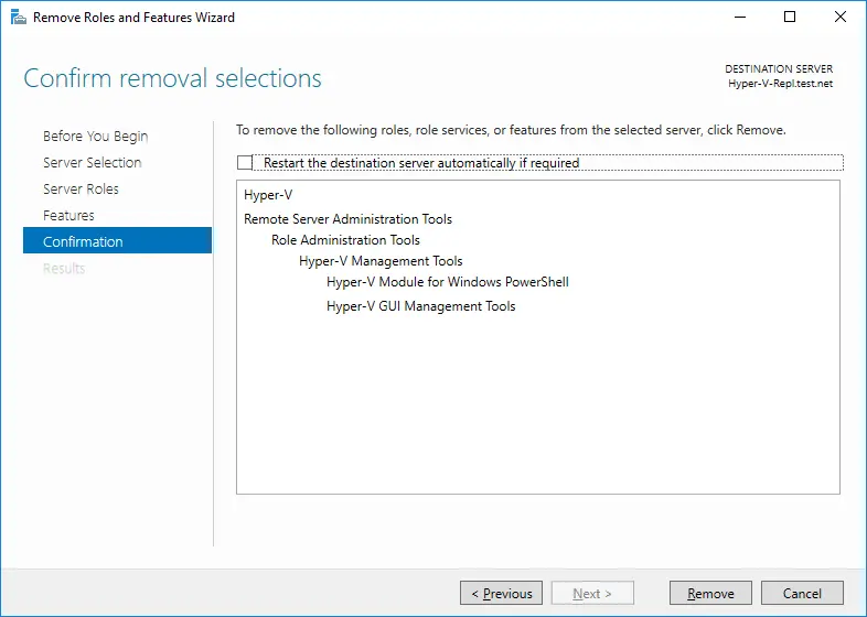 Restart of the server is required to uninstall Hyper-Vs
