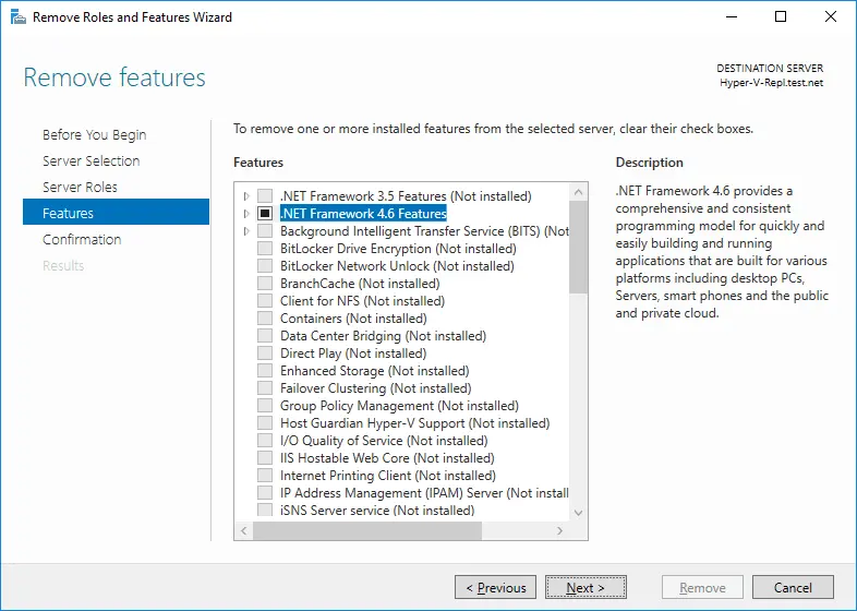 The list of features in the Remove Roles and Features wizard