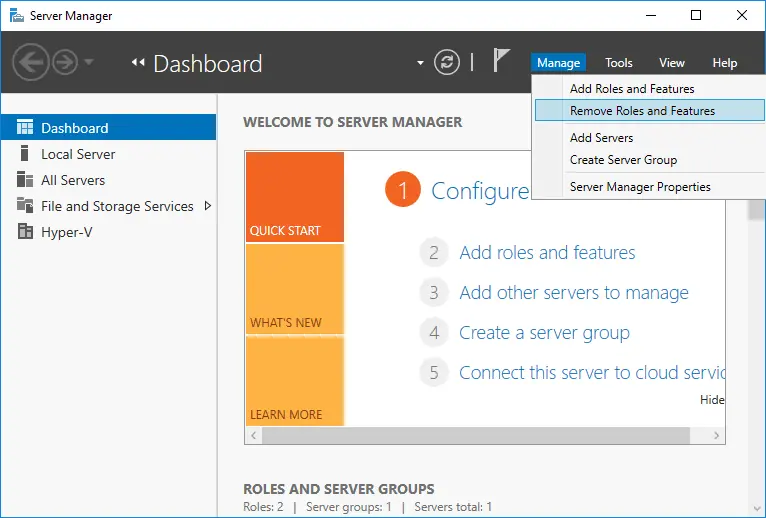 Using the Remove Roles and Features wizard to uninstall Hyper-V in Windows Server 2016