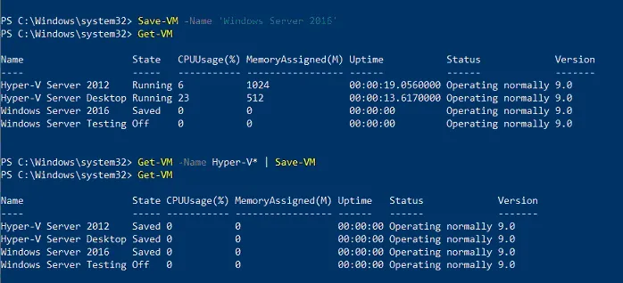 Using the Save-VM and Get-VM PowerShell commands for Hyper-V