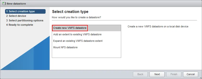 ESXi configuration – creating a new VMFS datastore