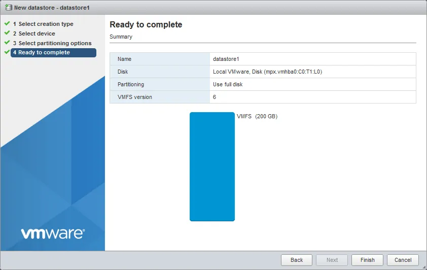 ESXi configuration – ready to complete the datastore creation