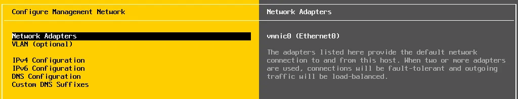 How to configure ESXi network adapters in DCUI