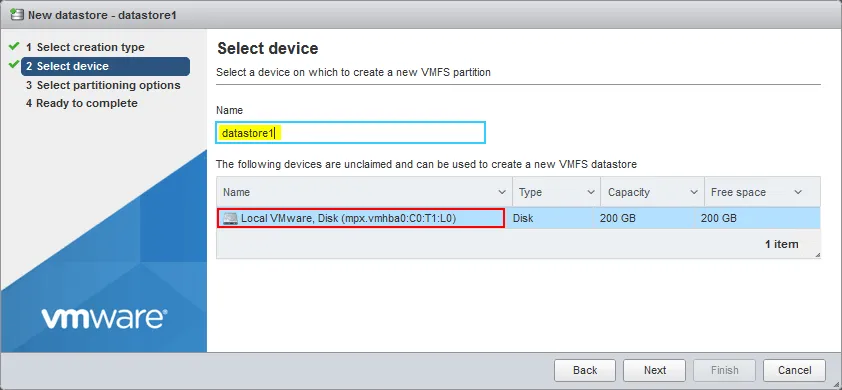 Selecting a disk device to create a VMFS datastore