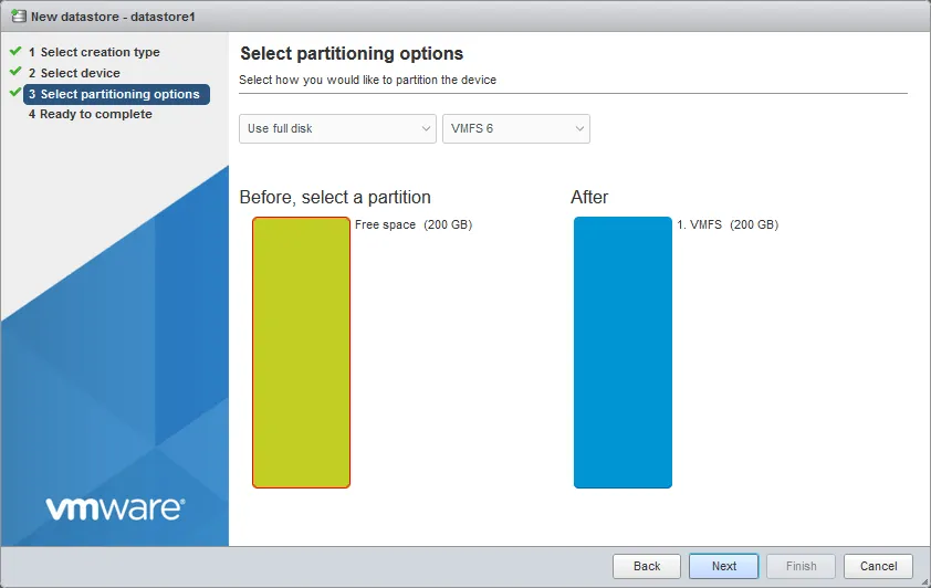 Selecting VMFS datastore partitioning options