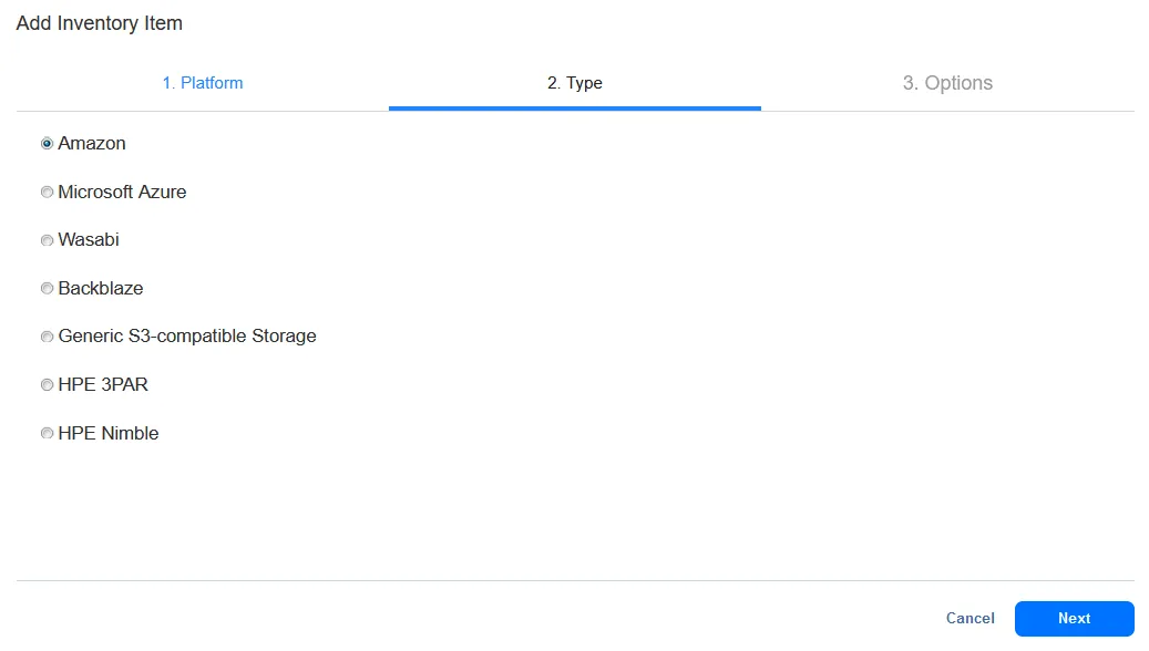 adding Amazon cloud storage to the NAKIVO inventory