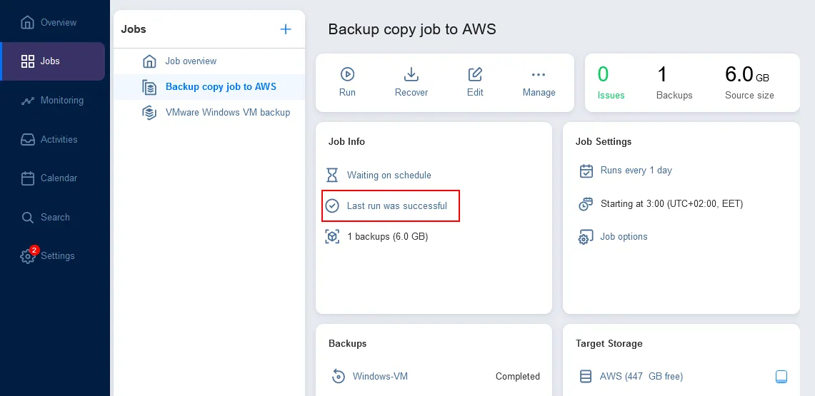 Hybrid cloud backup has been configured successfully in NAKIVO Backup & Replication