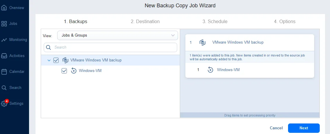 Selecting an existing backup to make a backup copy to the public cloud