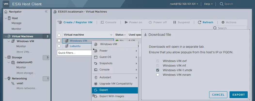 Export of the VM to an OVF template to migrate a virtual machine to another standalone ESXi host