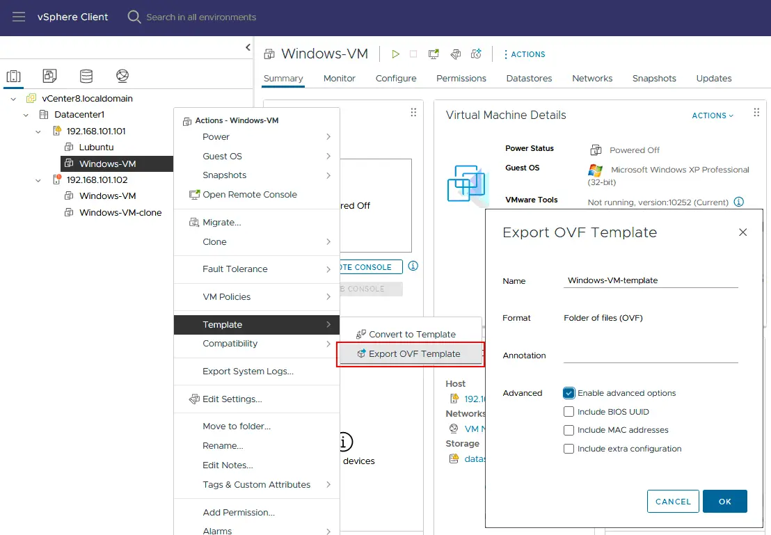 Exporting a VM to an OVF template in vCenter