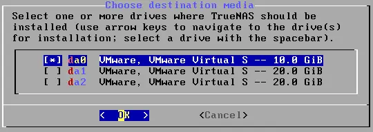 Selecting a disk to install TrueNAS Core