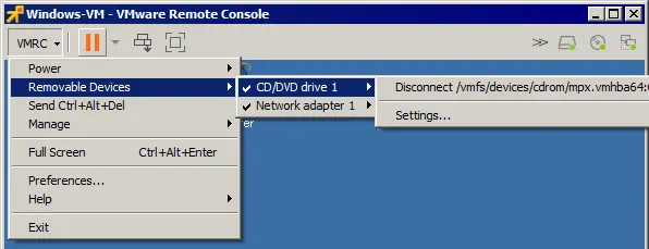 Options in the VMRC menu