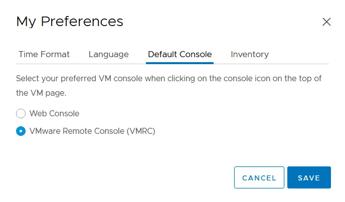 Selecting VMware Remote Console as the preferred VMware console