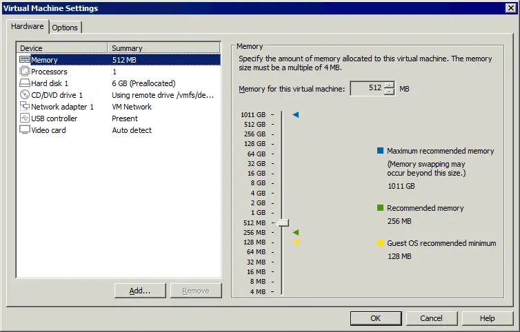 The virtual machine settings window in VMRC