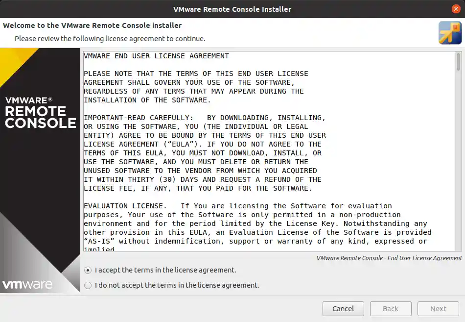VMware Remote Console Linux installer is started
