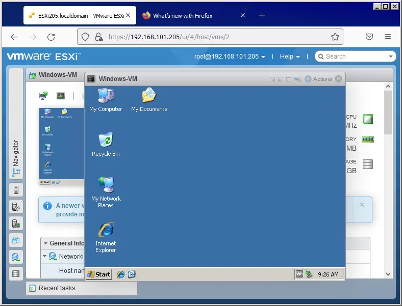 VMware Web Console opened in VMware Host Client