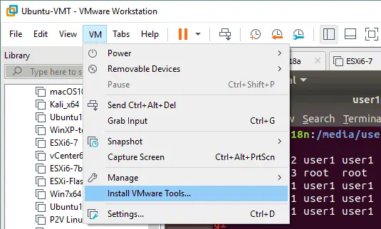 Install VMware Tools from the VM menu of VMware Workstation