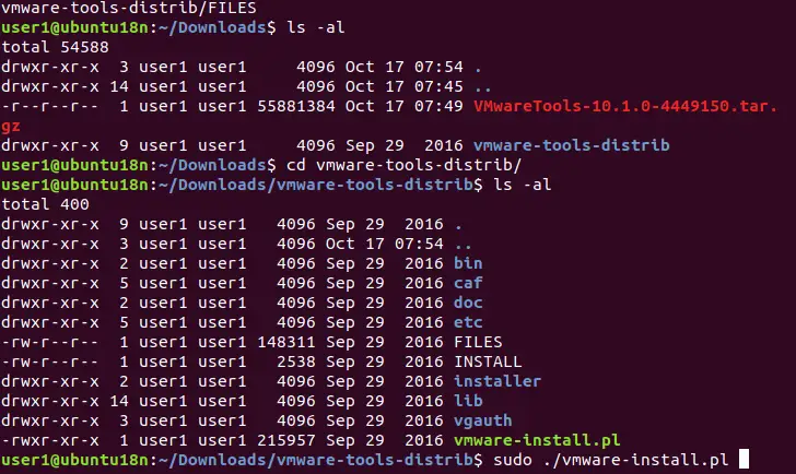 Running the VMware Tools installation script on Linux