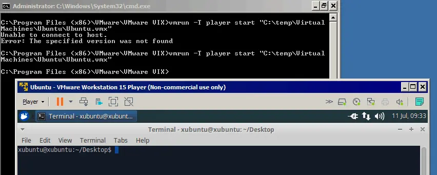 Starting a VM in VMware Player by using vmrun