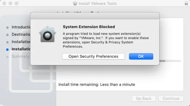 Unblocking a system extension to install VMware Tools on macOS